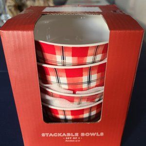 Set of 4 Red, White and Gold Plaid Stackable Bowls, Porcelain, 15 oz.